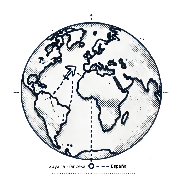 DALL·E 2024 06 20 12.26.12 A simplified world map focusing only on French Guiana and Spain. The map is drawn with fine lines and the background is white. French Guiana and Spai 1